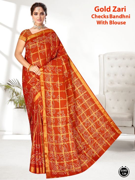 Gold Zari Checks Bandhani Casual Wear Cotton Printed Designer Saree Collection